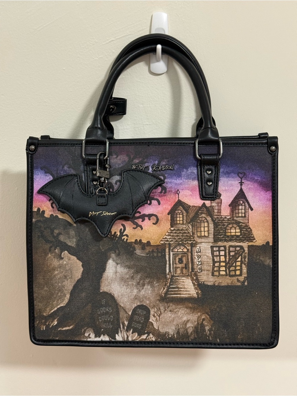 the Betsey Johnson Boo & Breakfast haunted house tote bag